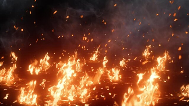 3D animation on realistic scattered fire with smoke and sparks looped with alpha channel (transparency) in HQ 32bit Apple ProRes. Easy use. Drag and drop in your project with any non-linear editing so