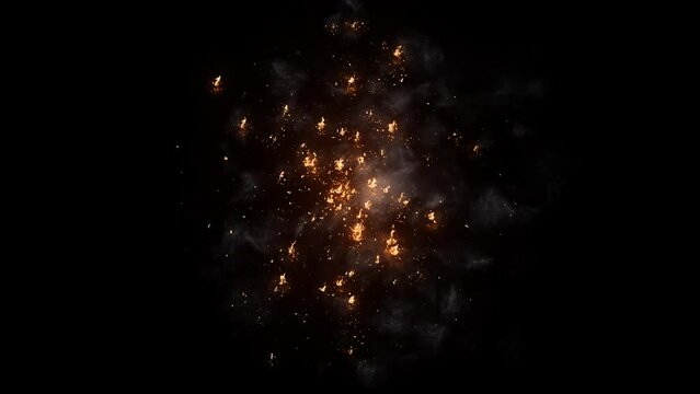 3D animation on realistic scattered fire from top view with smoke and sparks looped with alpha channel (transparency) in HQ 32bit Apple ProRes. Easy use. Drag and drop in your project with any non-lin