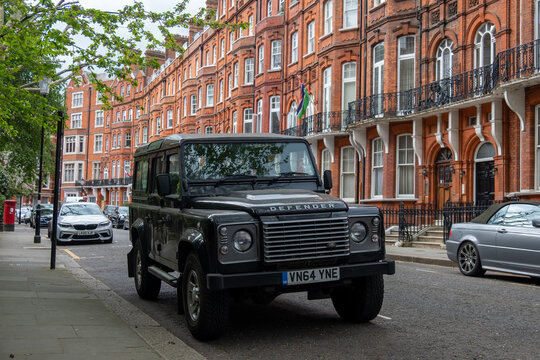 London- Land Rover Defender parked on London city street 