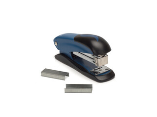 Photo of stapler on white background and staples nearby