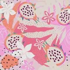 Modern exotic design. Abstract seamless hand-drawn pattern. Pitahaya or dragon fruit, exotic leaves and flowers. Suitable for wallpaper, clothing, wrapping and more © Natalia's Store