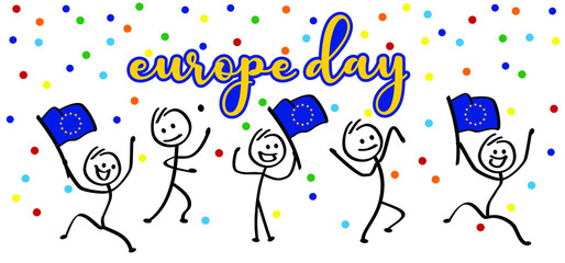 May 9, Europe Day. Vector cartoon calendar. May 9, 1945 marks the unification of Europe after the Second World War. the anniversary of the European Union. Flags of europe and stars. Happy eu party. 