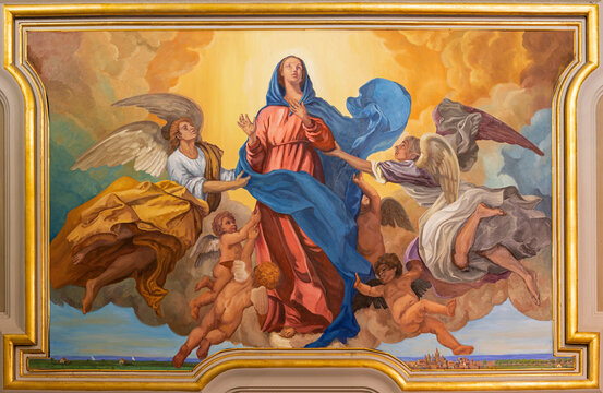 VALENCIA, SPAIN - FEBRUAR 17, 2022: The fresco of Assumption in the church Iglesia de San Valero y San Vicente Martir by unknown artis of 20. cent.
