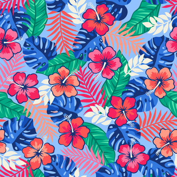 Colorful hibiscus flower with tropical leaf seamless pattern for summer holidays background.