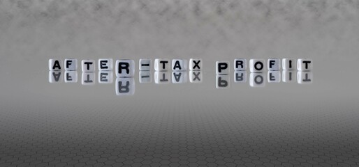 after tax profit word or concept represented by black and white letter cubes on a grey horizon background stretching to infinity