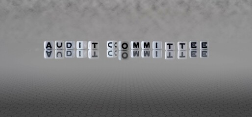 audit committee word or concept represented by black and white letter cubes on a grey horizon background stretching to infinity