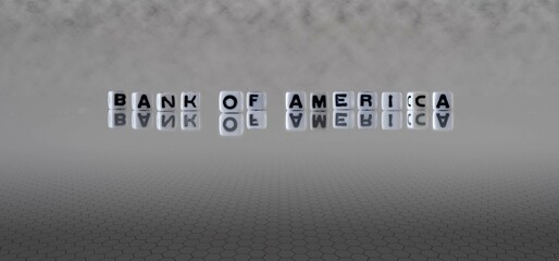 bank of america word or concept represented by black and white letter cubes on a grey horizon background stretching to infinity