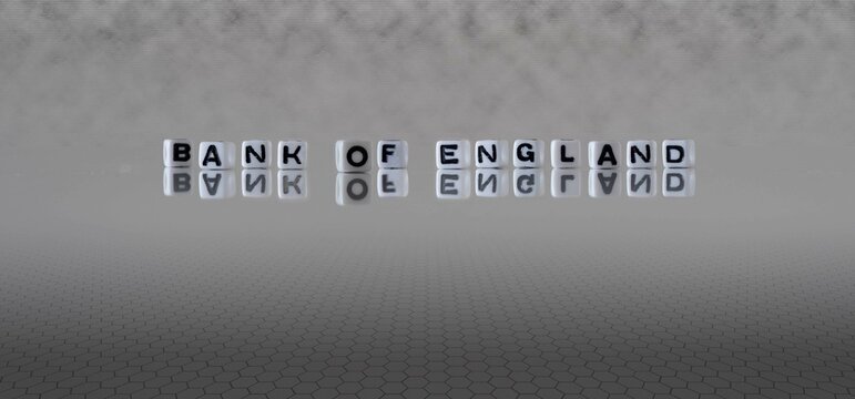 Bank Of England Word Or Concept Represented By Black And White Letter Cubes On A Grey Horizon Background Stretching To Infinity