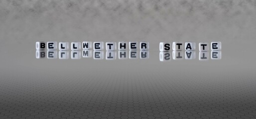 bellwether state word or concept represented by black and white letter cubes on a grey horizon...