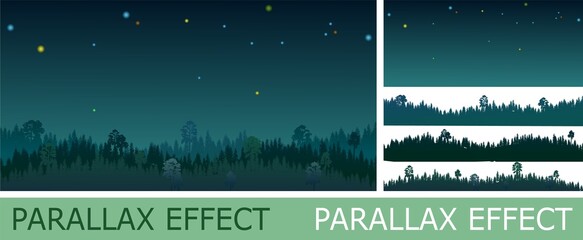 Pine forest at night with parallax effect. Silhouettes of coniferous trees in the darkness. Stars sky. Dark landscape horizontally. Panoramic view. Beautifully illustration vector © WebPAINTER-Std