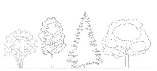 trees drawing in one continuous line, isolated, vector