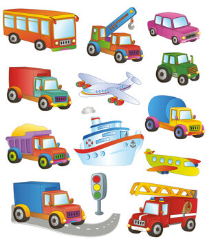 a large collection of cartoon cars and vehicles. vector illustration