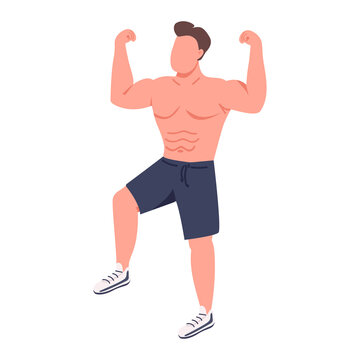 Male bodybuilder showing triceps and biceps semi flat color vector character. Posing figure. Full body person on white. Simple cartoon style illustration for web graphic design and animation