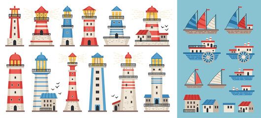 Sea lighthouse set. Sea pharos or beacon collection isolated on white background. Lighthouses with searchlight, marine navigation coastline towers. Ships, yachts, small houses. Vector in flat style