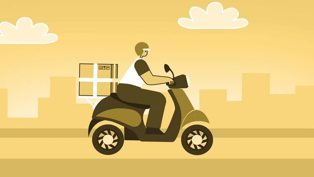 Yellow Style Man Flat Character Delivery Scooter Riding of Smartphone. Isolated Loop Animation with Alpha Matters