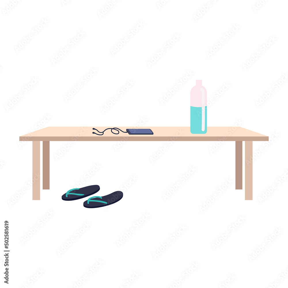 Poster bench with sandals and sporting goods semi flat color vector object. public swimming pool. full size