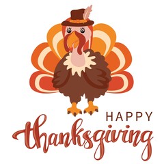 Happy Thanksgiving typography poster with cartoon turkey. Celebration design for postcards, posters and banners. Vector illustration.