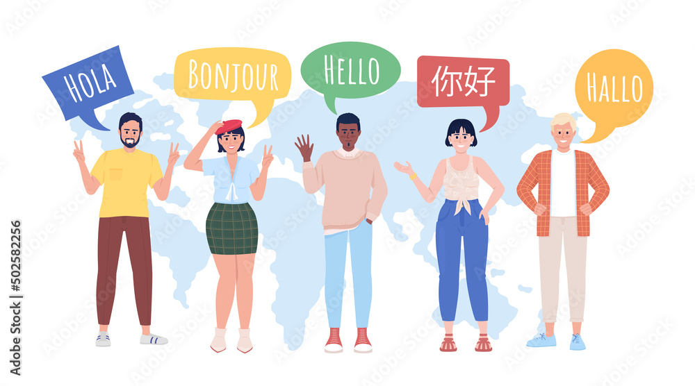 Poster multilingual community 2d vector isolated illustration. speakers characters on background. multiling