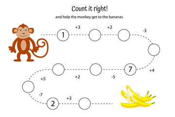 Math game for preschoolers. Addition, subtraction, counting to ten. worksheet for children. Count it. Help monkey get to bananas.