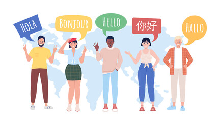 Fototapeta na wymiar Multilingual community 2D vector isolated illustration. Speakers characters on background. Multilingualism colourful scene for mobile, website, presentation. Amatic SC, KozGoPr6N-Light fonts used