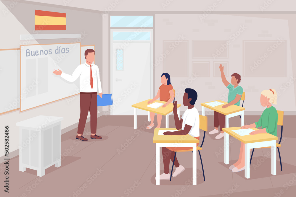 Poster spanish language lesson flat color vector illustration. language learners. male teacher and excited 