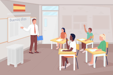 Spanish language lesson flat color vector illustration. Language learners. Male teacher and excited pupils 2D simple cartoon characters with classroom on background. Patrick Hand font used