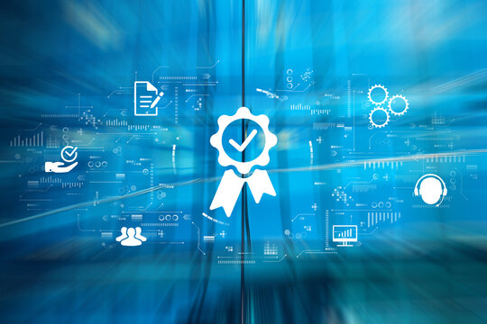 Concept Data Quality Management. Graphic icons on an abstract background.