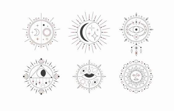 Simple geometric minimalistic Icons. Logo templates. Trendy Vector illustration. Astrology, esoteric, yoga, alchemy, mystery concept. Print, tattoo idea. Boho abstract style. All elements are isolated