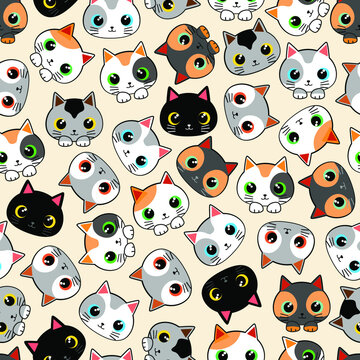 Kitty Cats Kawaii Cute Characters Childhood Vector Seamless Repeat Textile Pattern 
