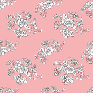 Line Art Style Vintage Wallpaper Seamless Patterns of Flowers and Leaves Floral Style