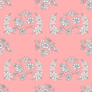 Line Art Style Vintage Wallpaper Seamless Patterns of Flowers and Leaves Floral Style