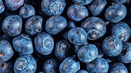 Full frame shot of blueberries. Close-up view of fresh first fruit. Tasty and healthy berries background theme.