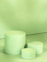 Group of three various cylindrical pedestals, green toned scene. 3d computer graphic template of displaying place for your products. Blank template.