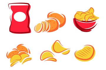 Vector collection of potato chips, packaging. Quick bite, delicious food. Colored flat illustration.