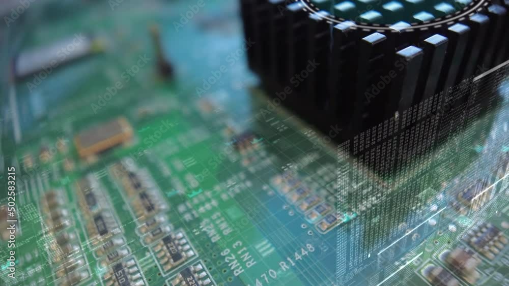 Poster hacked motherboard, red warning light blinking while hackers download data - 3d render
