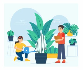 Flat design of Houseplant care