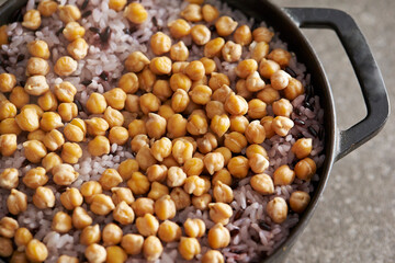 Chickpea rice in a cast iron pot