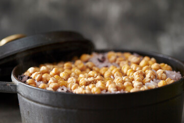 Chickpea rice in a cast iron pot