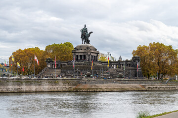 Koblenz were rivers Rhein and Mosel meet. In the foreground the German Corner, a symbol of the unification of Germany with an equestrian statue of Emperor William I