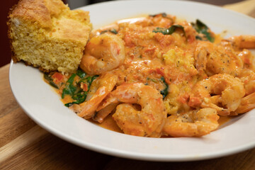 Shrimp and Polenta with Cornbread with a Tomato Based Sauce