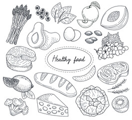 Healthy food hand drawn sketch set. Asparagus, spinach,  fruit, vegetables, meat, fish and eggs.