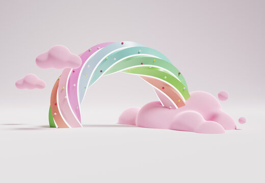 3D rendering of colorful pastel clouds and rainbow with empty space for kids or baby products. Sweet candy background.