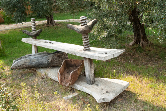 A vintage wooden grape press. Alanya, Turkey