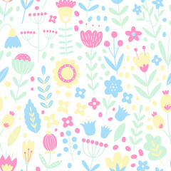 Vector floral pattern in doodle style with decorative flowers. Pastel colors flowers and  leaves seamless pattern. For textiles, clothing, bed linen, office supplies.