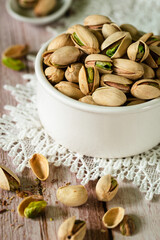 Bowl of healthy pistachios with a few scattered shells