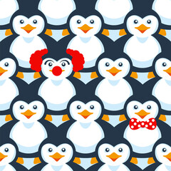 Penguin pattern cute animal cartoon clown fun seamless illustration on blue background