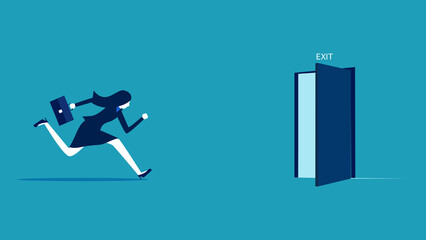 A businesswoman ran to the exit door. business competition concept
