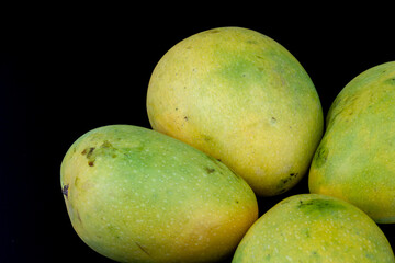 Mangoes isolated in white background, shot using studio lighting and water drops on the subject, Composition on a wooden log with extendable white background and ample copy space, Alphonso  Badami.