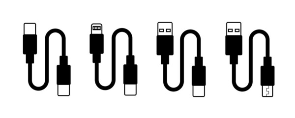 Vector set of usb computer universal connectors: micro, lightning, type A, C. Computer and mobile plugs design. Flat outline illustration with connectors. - obrazy, fototapety, plakaty