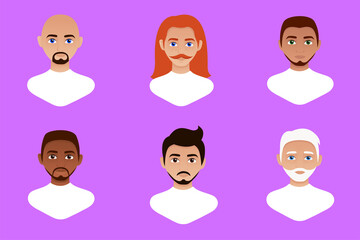 Man avatars set. User portraits. Various human face icons. Male characters. Smiling man characters. Vector illustration in flat cartoon style